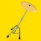 Metal cymbal on a stand on yellow. 3d render of musical percussion instrument