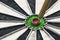 Metal darts have hit the red bullseye on a dart board. Darts Game. Darts arrow in the target center darts in bull`s eye close up.