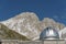Metal dome of Abruzzi astronomical observatory building and Corno Grande summit, Campo Imperatore, Abruzzo, Italy