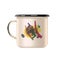Metal enamel mug with an abstract painting. Old style. Isolated white background.