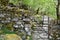 A metal gate through a stone wall and a rocky path into woodland