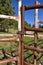 Metal gates of a corral are closed and chained