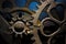 Metal gear sprockets in well used machine, old and rusted closeup still life with beautiful textures and shape. Fine art