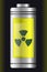 Metal with Glass Battery. Yellow Nuclear Symbol. Isolated on Black Background