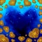 Metal Gold hearts made of spheres with reflections isolated on blue wet rainy glass background. Happy valentines day 3d