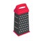Metal grater with a red handle.