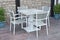 Metal and gray wood outdoor patio furniture for dining