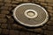 Metal hatch of sewer system on a stone road. Close-up of a cast-iron well in sunny weather