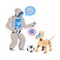 Metal Humanoid and Dog Robot Machine with Limbs Playing Football Vector Illustration