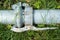 Metal irrigation pipe in a grass field