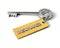 Metal Key with Insurance golden tag isolated on white. Key to Insurance concept. 3d illustration