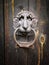 Metal lion knocker with wooden gate