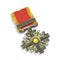 Metal medal with a strip of red and yellow fabric on a white background. Vector illustration