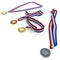 Metal medals collection with tricolor ribbon on white. 3D illustration