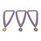 Metal medals set with tricolor ribbon on white. 3D illustration