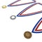 Metal medals set with tricolor ribbon on white. 3D illustration