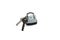 A metal padlock with two keys isolated on a white background