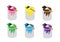 Metal paint cans available in pink, green, purple, brown, yellow and blue with wooden handle brushes. Flat style cartoon