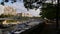 Metal pedestrian bridge crossing Canal Saint-Martin in the east of Paris, France with docking boats.