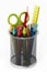 Metal pencil holder with school supplies. 3D illustration