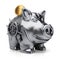 Metal piggy bank with safe lock and gold coin