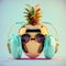 Metal pineapple with headphones and sunglasses. Pastel colors. AI generative illustration, image generated by AI