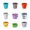 Metal and plastic buckets and pails set cartoon vector illustrations isolated.