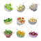 Metal and Plastic Kitchen Colanders or Strainers with Vegetables and Greenery Vector Set