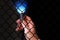 Metal pocket flashlight in a man`s hand on a black background, a beam shines in the dark, prison bars, the concept of light in th