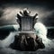 Metal podium against a dramatic sea rock background with crashing waves AI generation