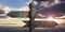 Metal pointer signposts on pole, isolated on sunset background. 3d illustration