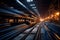 Metal production stored in warehouse of metallurgical plant, steel mill interior. Perspective view of inside dark storage of iron