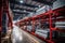 Metal production stored in warehouse of metallurgical plant, steel mill interior. Perspective view inside storage of iron cast