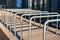 Metal railings in front of gates of Silesian Stadium in ChorzÃ³w, Poland. Row of steel rails.