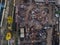 Metal recycling industry. Drone aerial top view of scrap yard