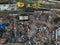 Metal recycling industry. Drone aerial top view of scrap yard