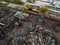 Metal recycling industry. Drone aerial view of scrap yard