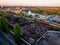 Metal recycling industry. Drone aerial view of scrap yard