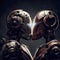 Metal robots kissing on a dark background, generative AI