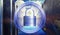 Metal round frame around padlock security with server data center background in technology and network concept