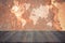 Metal rust wall texture , process in vintage style with wood terrace with world map