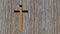 Metal rusted cross on a natural wood or wooden logg background. 3d illustration metaphor for God, Christ