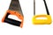Metal saw white background, orange and black hilt. Hacksaw with rust, yellow hilt. Selective focus, isolated