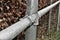 Metal scaffold pipe fencing with screws and hedge in background