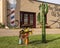 Metal sculpture of a frog playing a guitar while standing by a cactus in Arlington, Texas.