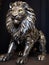 Metal sculpture of a lion with green eyes and a metal mane. AI generated