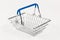 Metal shiny basket with grocery handles on white wooden table background. close-up