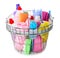 Metal shopping basket with different household chemicals on white