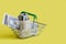 Metal shopping basket with green handles, with a canvas bag filled with money and banknotes on a yellow background