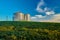 Metal Silos in Soybean Field